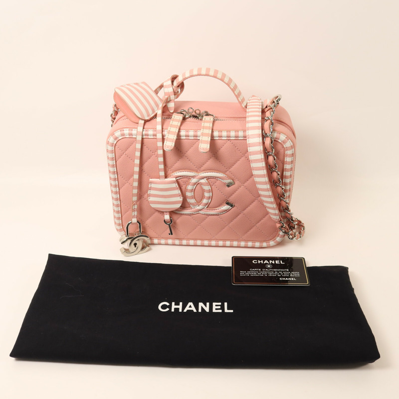 CHANEL 牛皮皮革Vanity Case銀扣鏈帶手挽肩背兩用袋-8