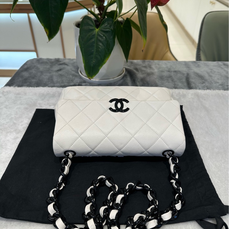 chanel/香奈兒 黑白熊貓荔枝皮牛皮 大mini20  CF鏈條包-4