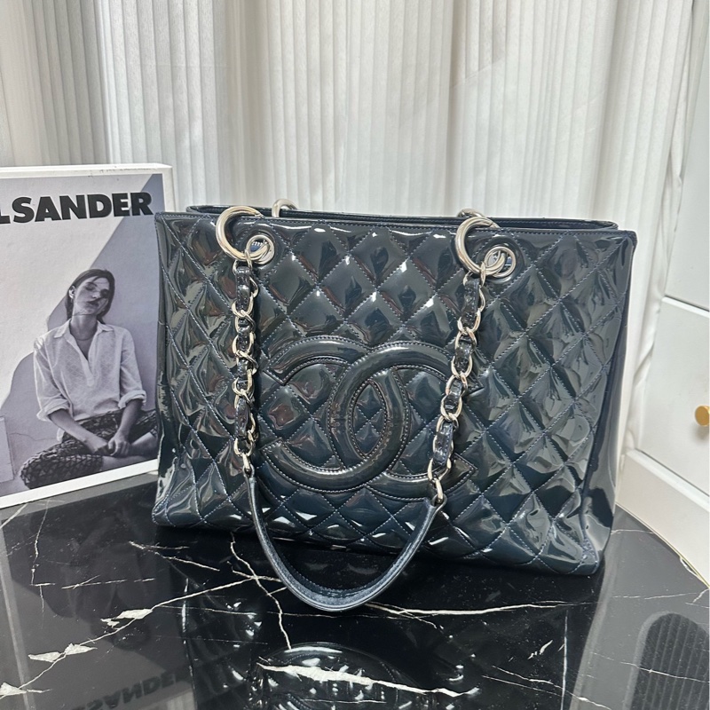 Chanel香奈兒深藍色漆皮GST購物袋托特包-0