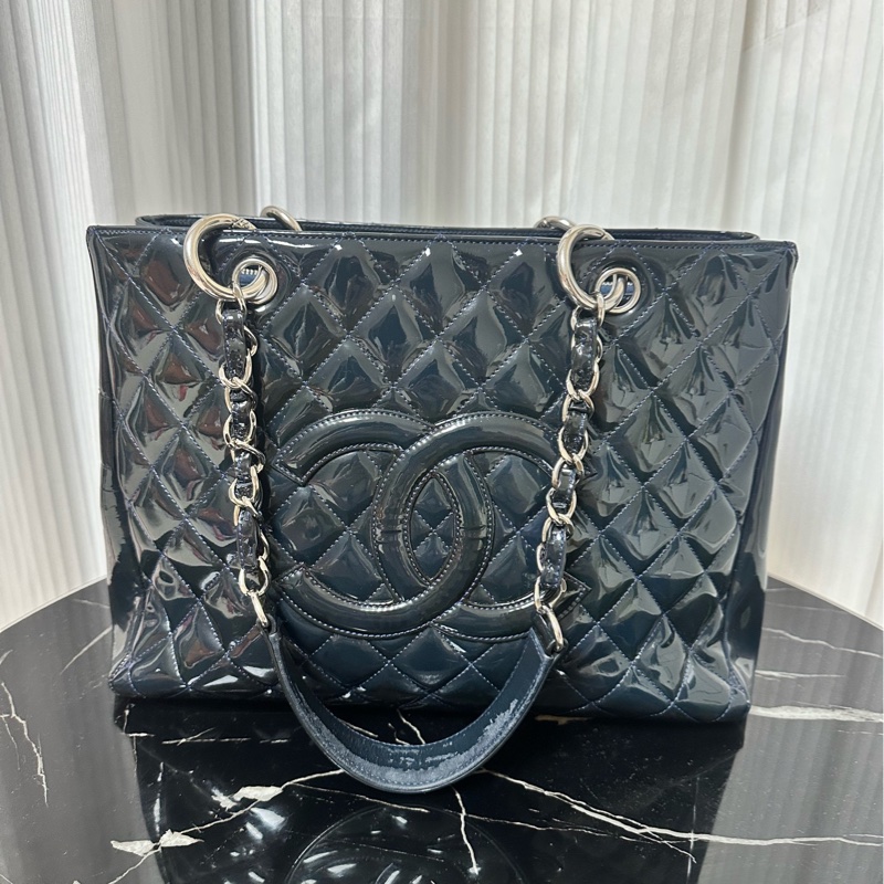Chanel香奈兒深藍色漆皮GST購物袋托特包-1