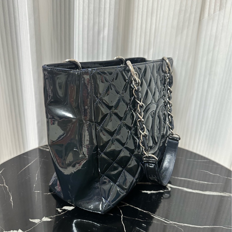 Chanel香奈兒深藍色漆皮GST購物袋托特包-2
