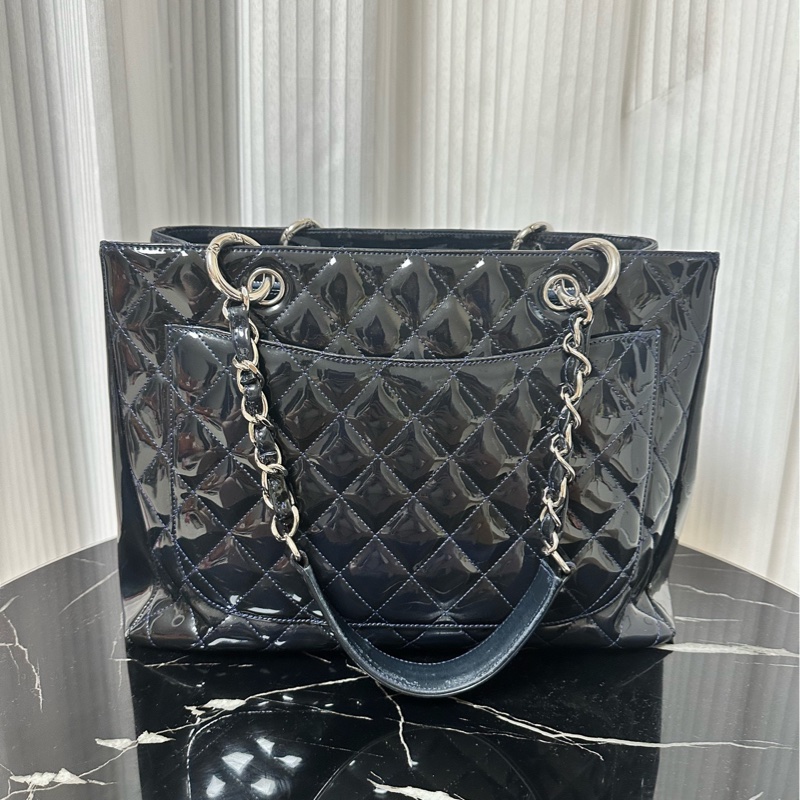 Chanel香奈兒深藍色漆皮GST購物袋托特包-3