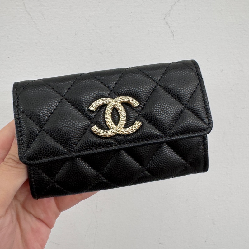 Chanel 黑荔枝皮淡金釦卡包 閒置品 晶片款-0