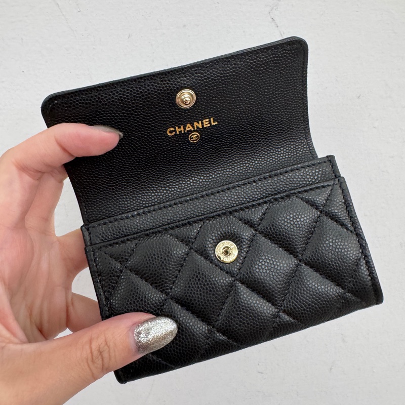 Chanel 黑荔枝皮淡金釦卡包 閒置品 晶片款-5