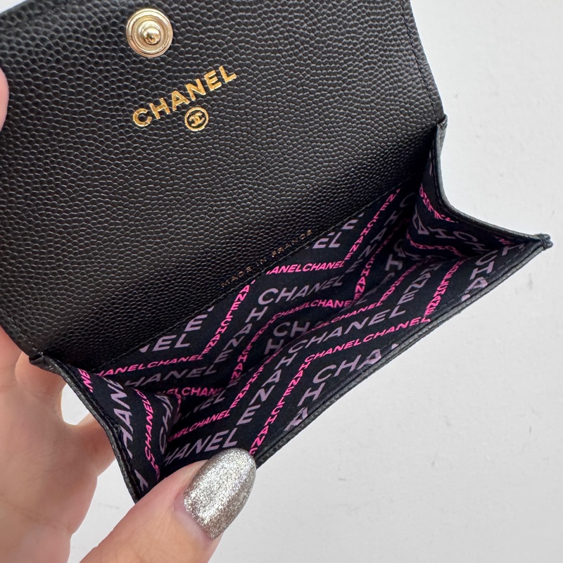 Chanel 黑荔枝皮淡金釦卡包 閒置品 晶片款-6