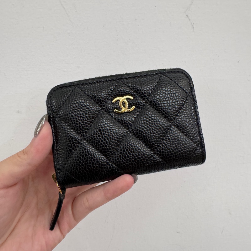 Chanel 黑金荔枝皮拉鏈零錢包 近全新 晶片款-0