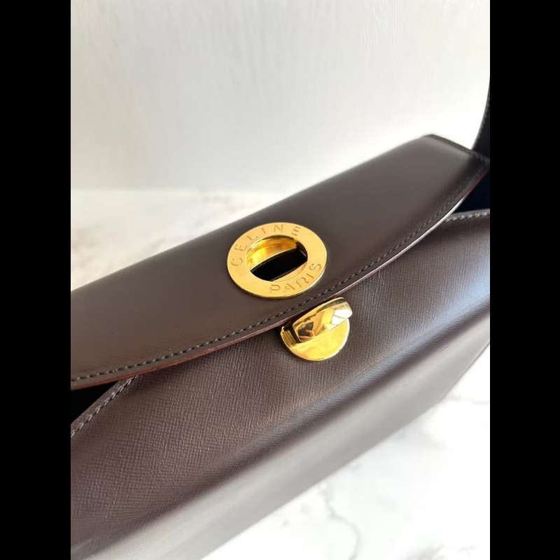 絕版古董包 Celine咖啡色旋轉扣盒子包 斜背包 單肩包 側背包 中古包 二手包-4