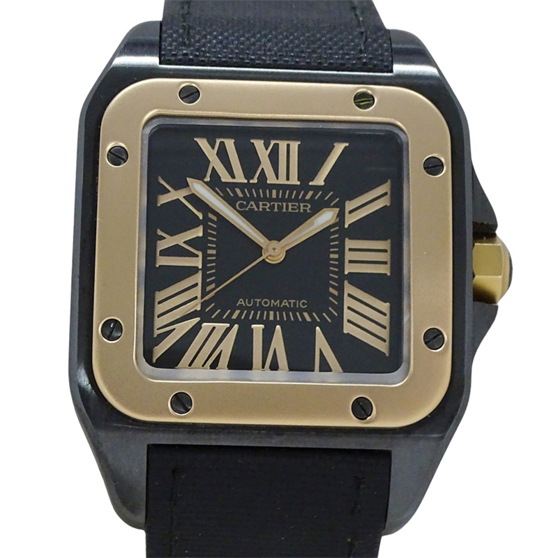 卡地亞男士腕錶，Santos 100 LM，自動機芯，不鏽鋼（SS），玫瑰金（750PG），尼龍皮錶帶，W2020009，黑色，拋光。-1