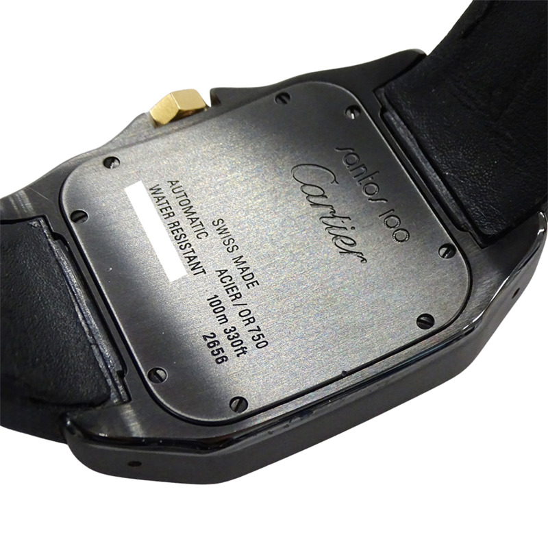 卡地亞男士腕錶，Santos 100 LM，自動機芯，不鏽鋼（SS），玫瑰金（750PG），尼龍皮錶帶，W2020009，黑色，拋光。-5