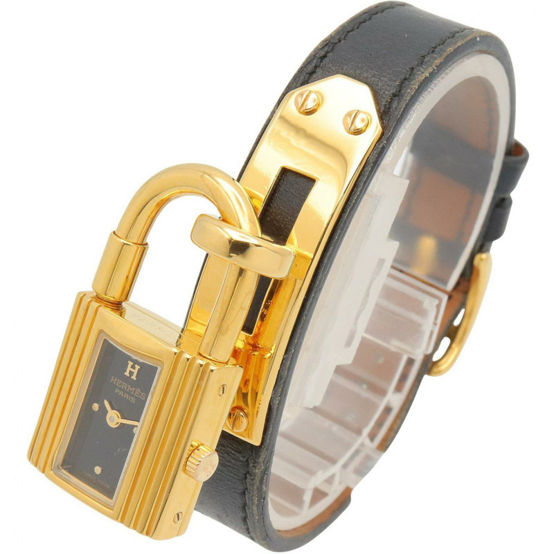 愛馬仕 Kelly 女士腕錶,鍍金 (GP),皮革錶帶,黑色,KE1.201-1
