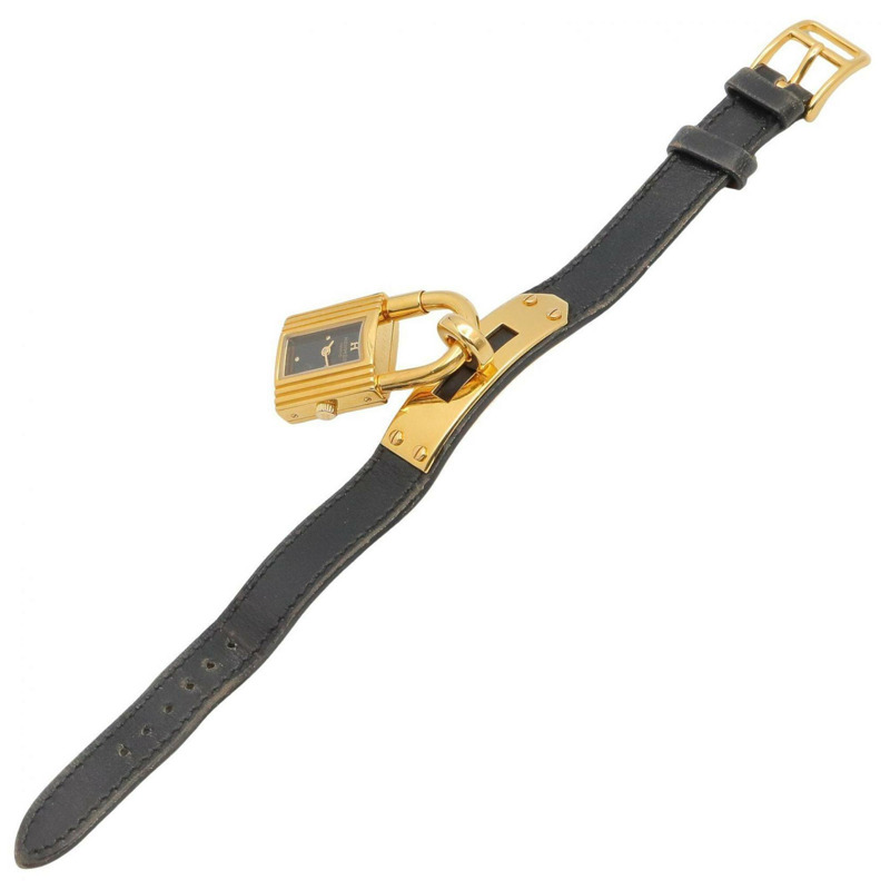 愛馬仕 Kelly 女士腕錶,鍍金 (GP),皮革錶帶,黑色,KE1.201-2