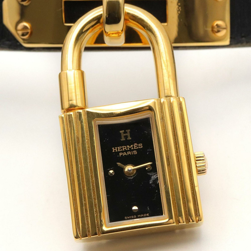 愛馬仕 Kelly 女士腕錶,鍍金 (GP),皮革錶帶,黑色,KE1.201-4