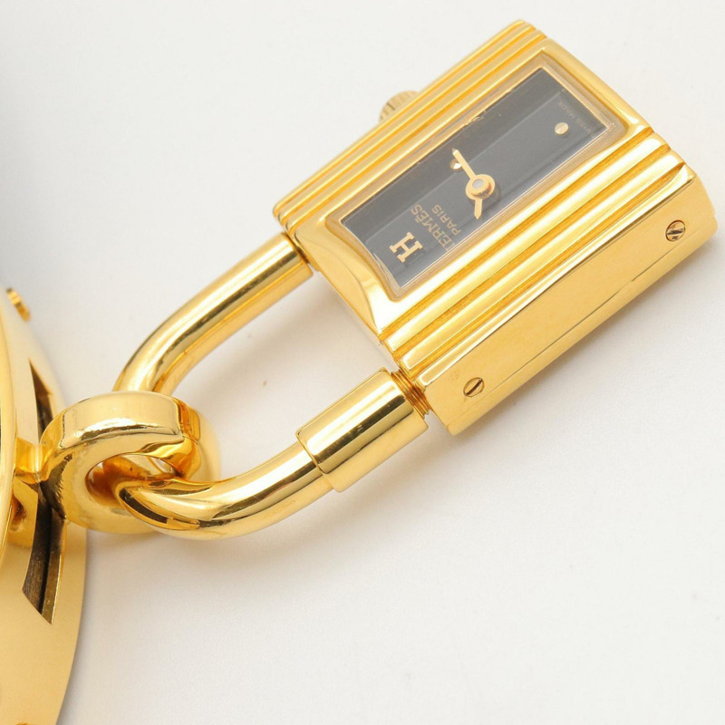 愛馬仕 Kelly 女士腕錶,鍍金 (GP),皮革錶帶,黑色,KE1.201-9