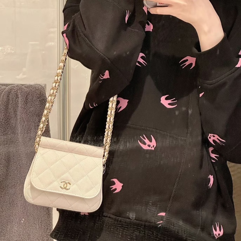 Chanel小廢包 米白色 金扣 荔枝皮15*12*6 98新配件塵袋-0