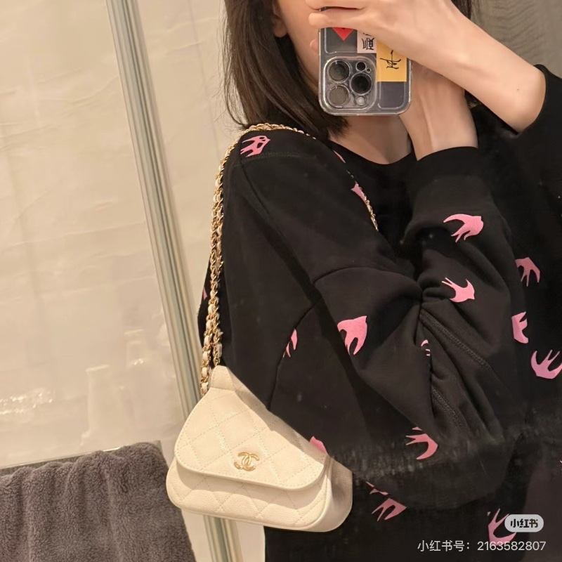 Chanel小廢包 米白色 金扣 荔枝皮15*12*6 98新配件塵袋-1