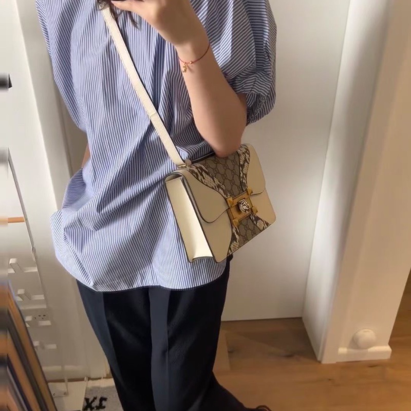 Gucci Osiride系列拼皮虎頭包白色牛皮拼老花拼蛇皮 22*17*6.5  98新配件肩帶 塵袋-0
