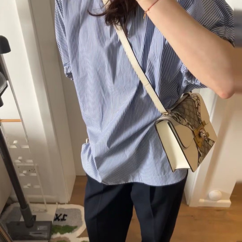 Gucci Osiride系列拼皮虎頭包白色牛皮拼老花拼蛇皮 22*17*6.5  98新配件肩帶 塵袋-1