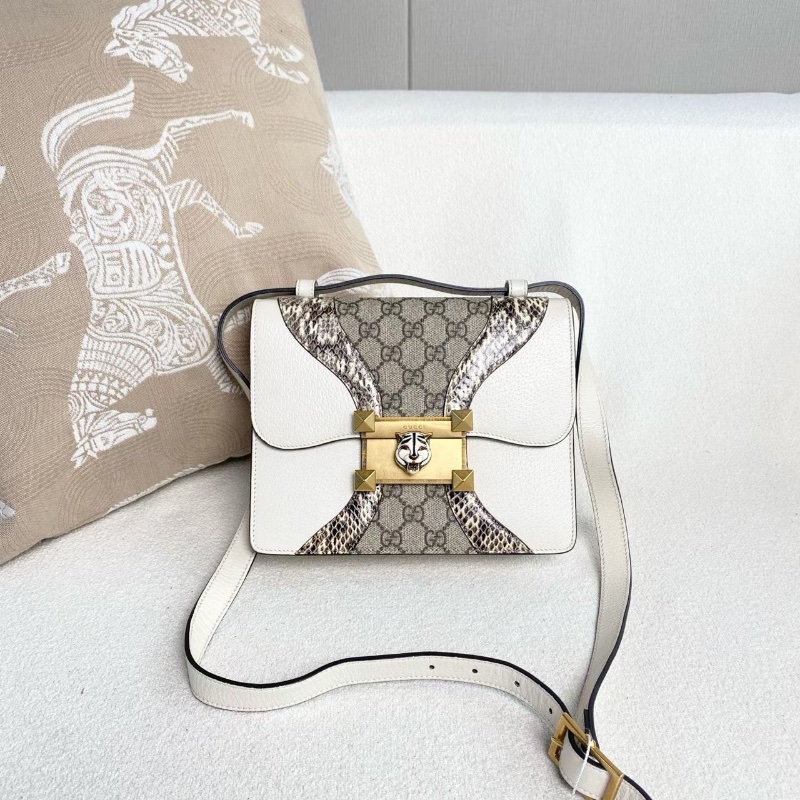 Gucci Osiride系列拼皮虎頭包白色牛皮拼老花拼蛇皮 22*17*6.5  98新配件肩帶 塵袋-2