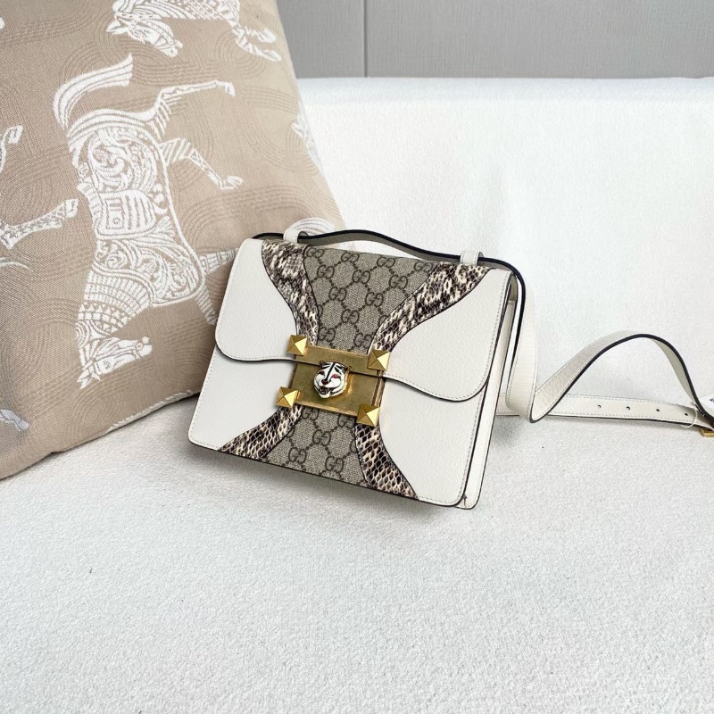 Gucci Osiride系列拼皮虎頭包白色牛皮拼老花拼蛇皮 22*17*6.5  98新配件肩帶 塵袋-4