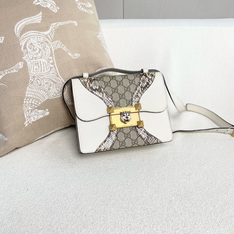 Gucci Osiride系列拼皮虎頭包白色牛皮拼老花拼蛇皮 22*17*6.5  98新配件肩帶 塵袋-5