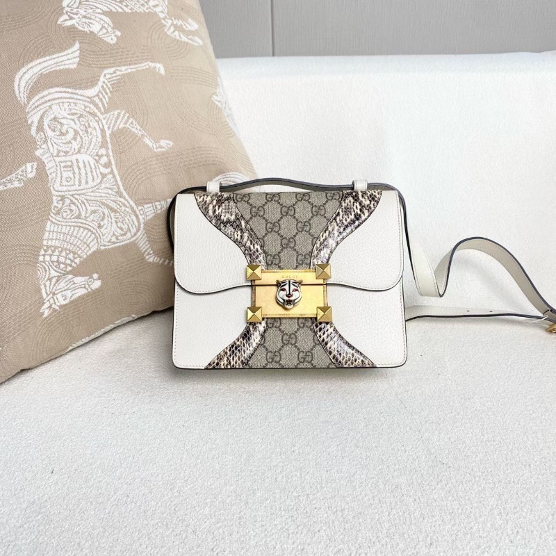 Gucci Osiride系列拼皮虎頭包白色牛皮拼老花拼蛇皮 22*17*6.5  98新配件肩帶 塵袋-6