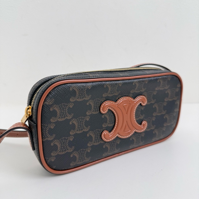 賽琳/Celine 深棕色老花凯旋门標誌印花迷你單肩包 金扣-0