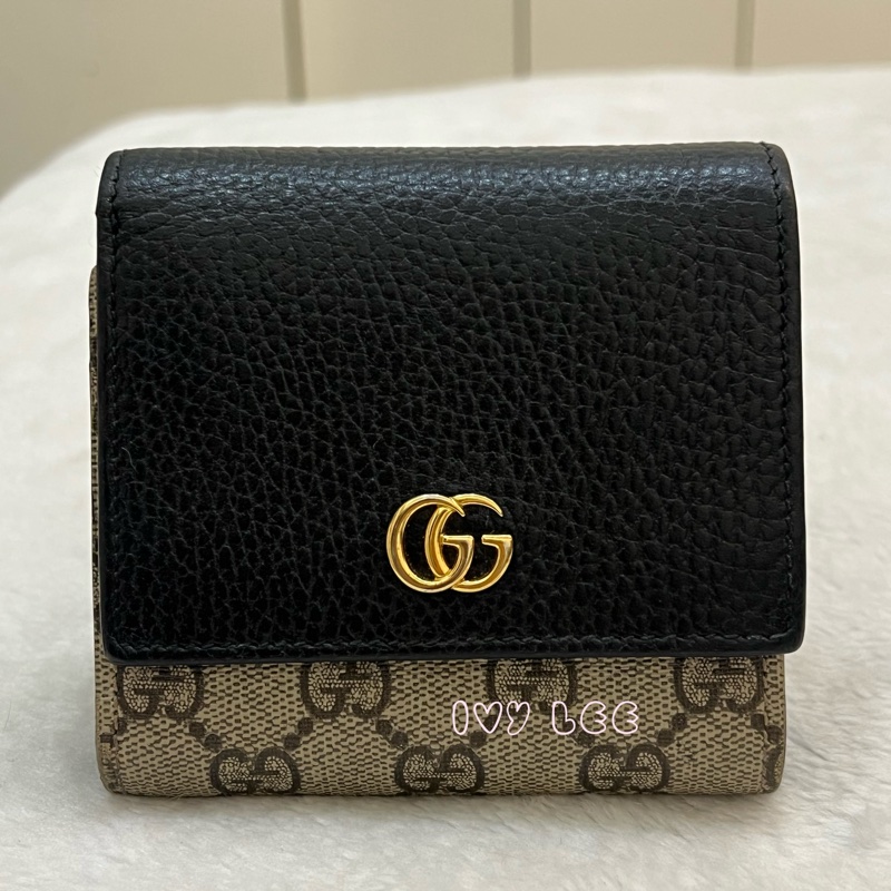 GUCCI GG Marmont Medium 中款 雙G 皮革 卡夾 短夾 黑色 烏木色 598587 正品 二手精品-0