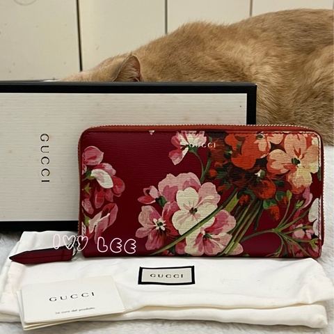 GUCCI 410102 花卉圖案 紅 ㄇ字拉鍊長夾 正品 二手精品