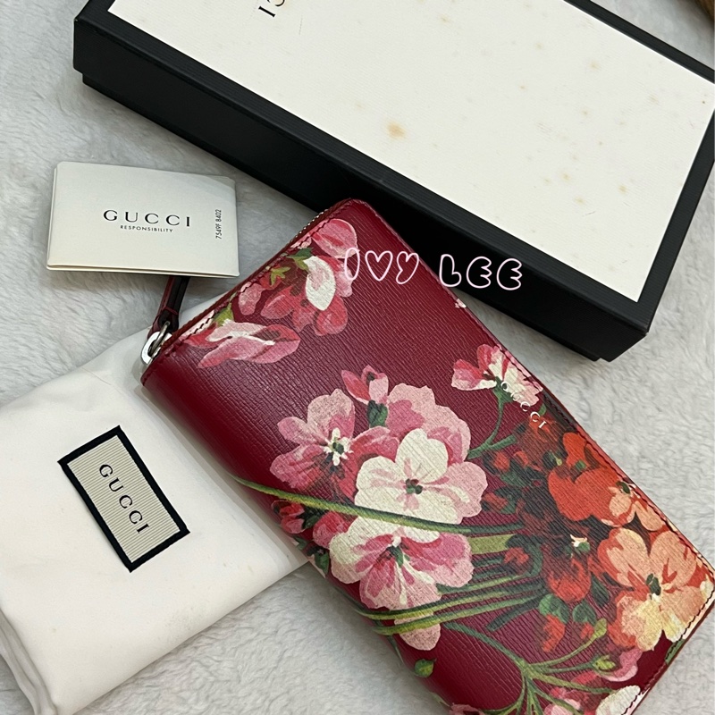 GUCCI 410102 花卉圖案 紅 ㄇ字拉鍊長夾 正品 二手精品-27