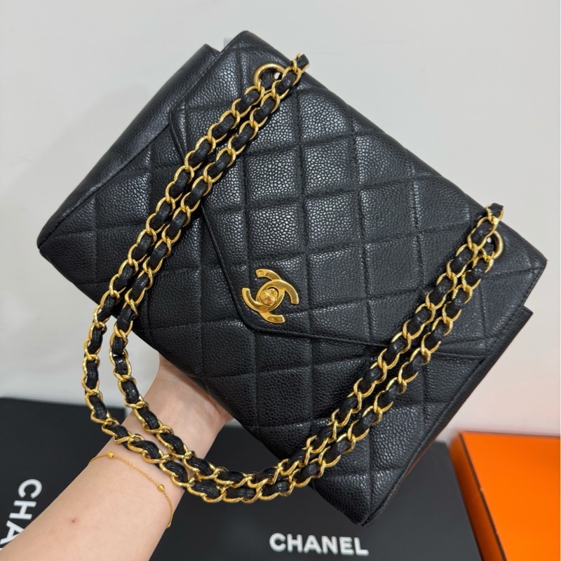 CHANEL 香奈兒 vintage 黑金 CF 荔枝牛皮 鏈條包 斜背包 肩背包 側背包 手提包-1