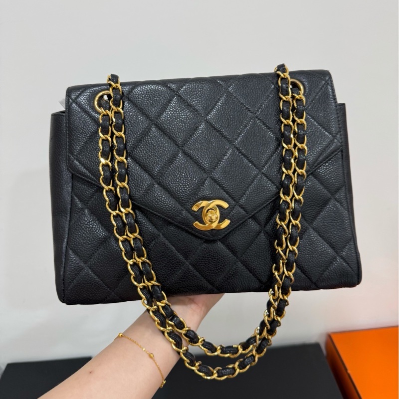 CHANEL 香奈兒 vintage 黑金 CF 荔枝牛皮 鏈條包 斜背包 肩背包 側背包 手提包-2