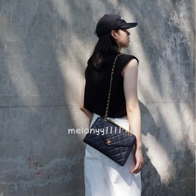 CHANEL 香奈兒 vintage 黑金 CF 荔枝牛皮 鏈條包 斜背包 肩背包 側背包 手提包-4