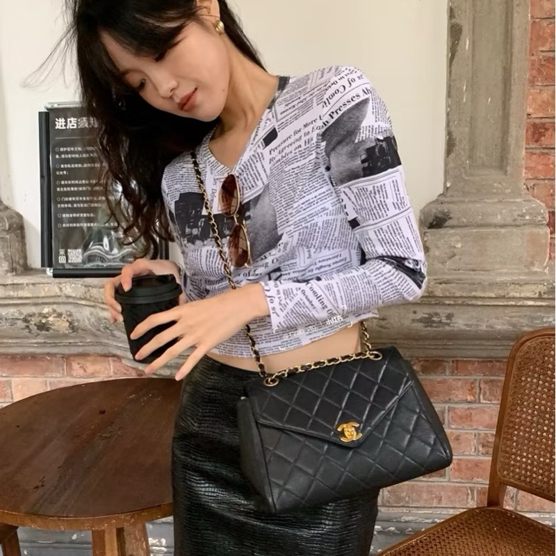 CHANEL 香奈兒 vintage 黑金 CF 荔枝牛皮 鏈條包 斜背包 肩背包 側背包 手提包-6