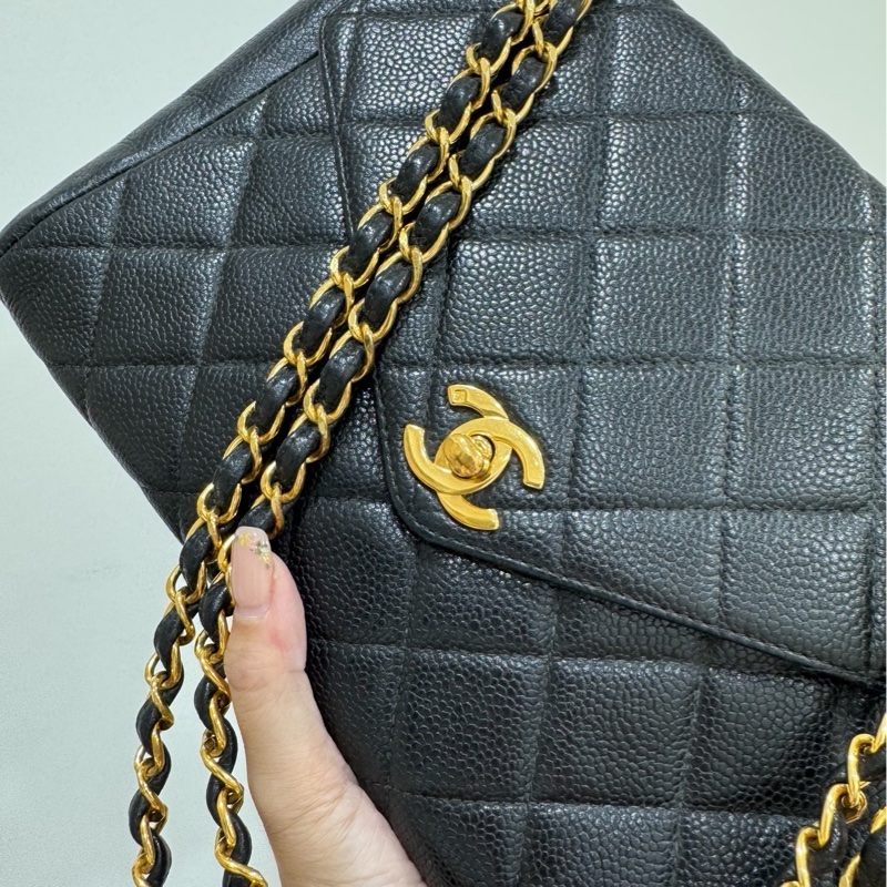 CHANEL 香奈兒 vintage 黑金 CF 荔枝牛皮 鏈條包 斜背包 肩背包 側背包 手提包-8