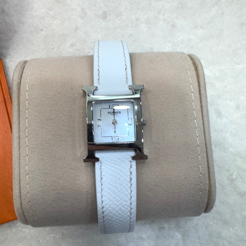 Hermes 愛馬仕銀色錶框白色牛皮 Heure H25mm手錶 HH1.210-2
