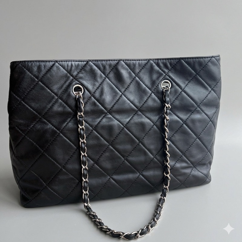 香奈兒chanel黑銀軟牛皮菱格紋 托特包機場包媽咪包 14開 底長40-3