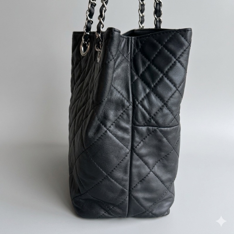 香奈兒chanel黑銀軟牛皮菱格紋 托特包機場包媽咪包 14開 底長40-4