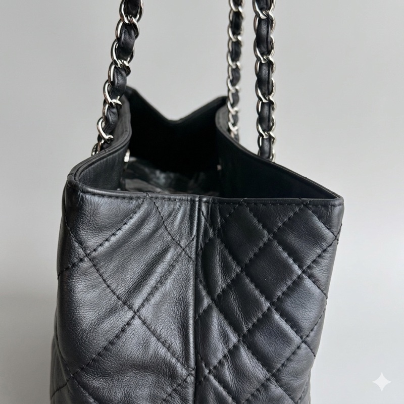 香奈兒chanel黑銀軟牛皮菱格紋 托特包機場包媽咪包 14開 底長40-5