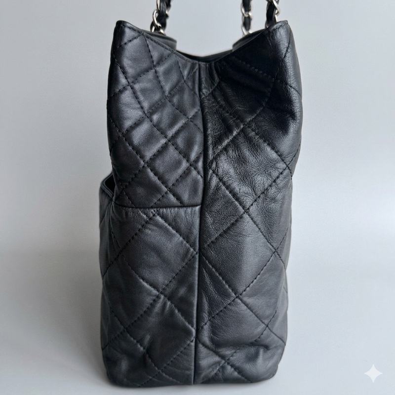 香奈兒chanel黑銀軟牛皮菱格紋 托特包機場包媽咪包 14開 底長40-6