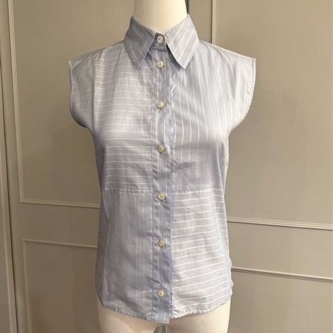 《新歡舊愛》近新CHANEL香奈兒淺海洋藍條紋休閒襯衫背心34/XS