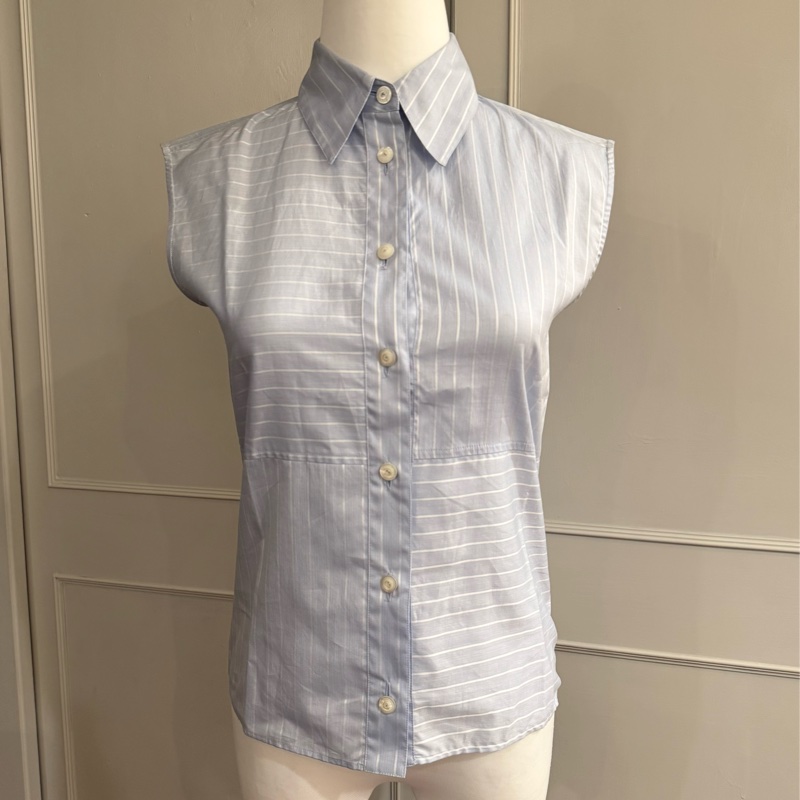 《新歡舊愛》近新CHANEL香奈兒淺海洋藍條紋休閒襯衫背心34/XS-0