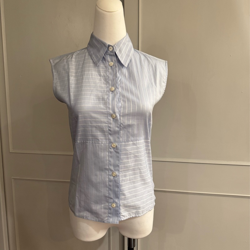 《新歡舊愛》近新CHANEL香奈兒淺海洋藍條紋休閒襯衫背心34/XS-1