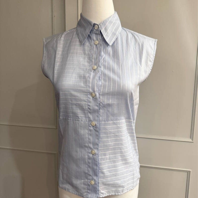 《新歡舊愛》近新CHANEL香奈兒淺海洋藍條紋休閒襯衫背心34/XS-5