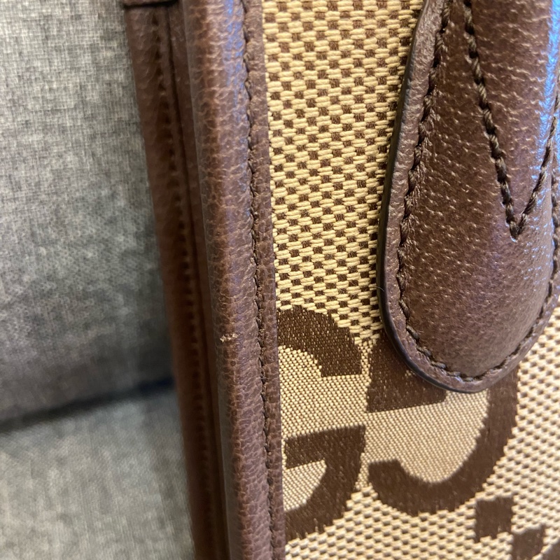 GUCCI Jumbo GG Logo 緹花布及皮革迷你二用托特包(棕色)-1