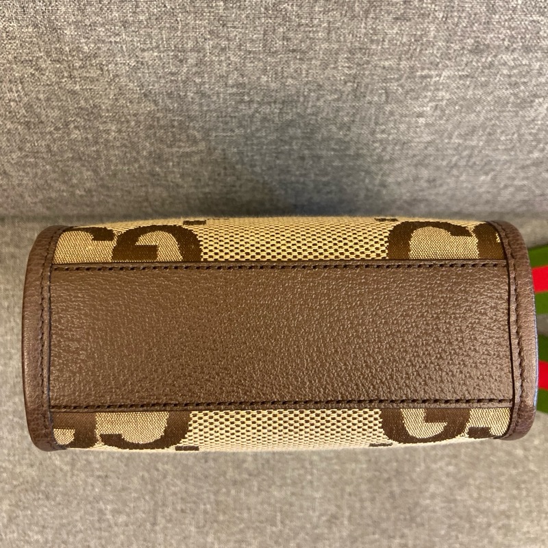 GUCCI Jumbo GG Logo 緹花布及皮革迷你二用托特包(棕色)-2