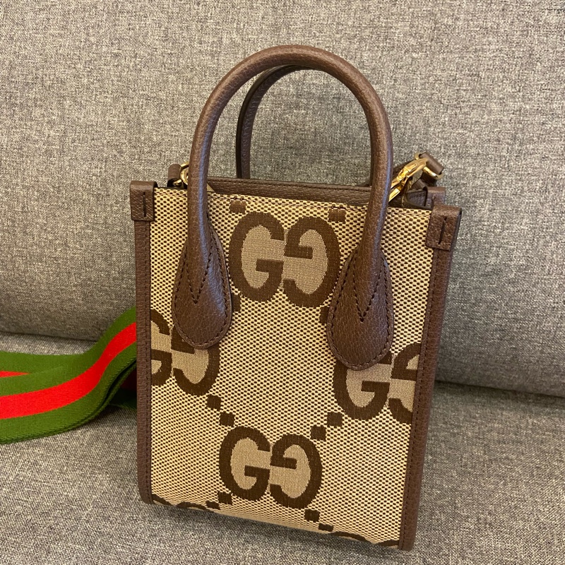 GUCCI Jumbo GG Logo 緹花布及皮革迷你二用托特包(棕色)-4