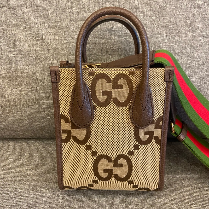 GUCCI Jumbo GG Logo 緹花布及皮革迷你二用托特包(棕色)-6