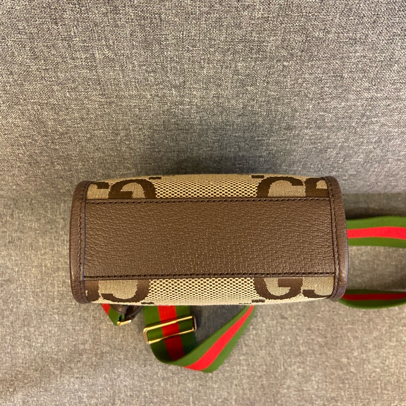 GUCCI Jumbo GG Logo 緹花布及皮革迷你二用托特包(棕色)-7