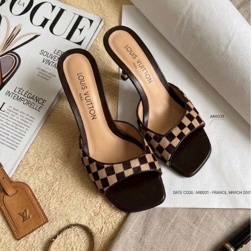🍒 【LV 路易威登】經典 Damier Sauvage 棋盤格馬毛 方頭涼鞋 size:38.5/2F260328-1-2