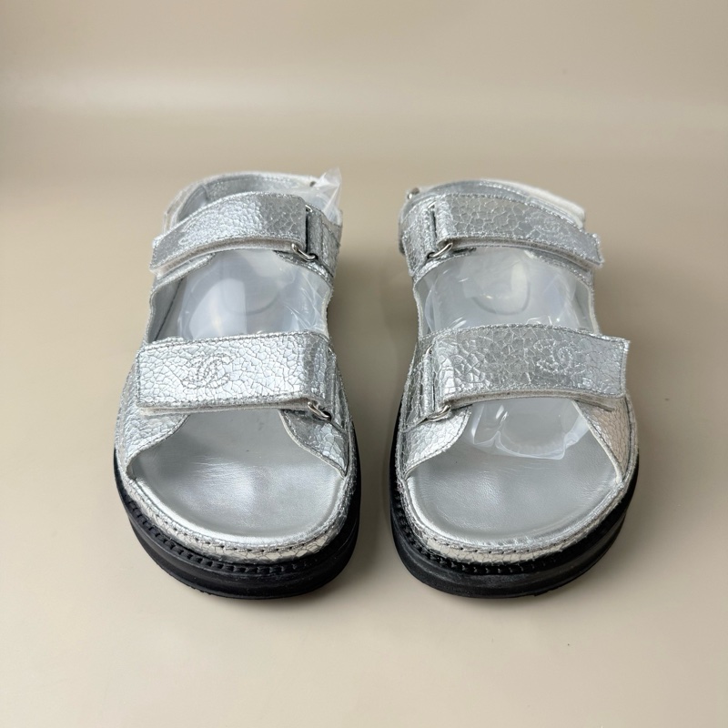 CHANEL/香奈兒 純銀雙C爆裂紋涼鞋 37碼 無附件-1